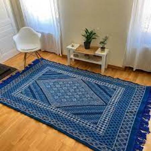 Tapis Margoum Bleu/Blanc (Fait main, Laine, Tunisie)